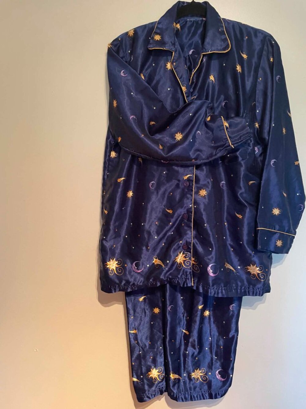 Vintage Celestial Moon Stars Satin Pajama Set Navy Blue gold Witchy W. Size 12 - Picture 2 of 14